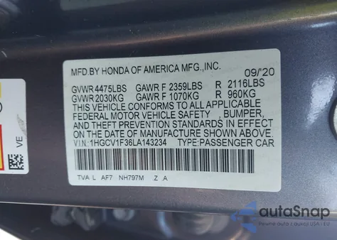 2020 Honda Accord Sport из США, поврежденный, VIN 1HGCV1F36LA143234